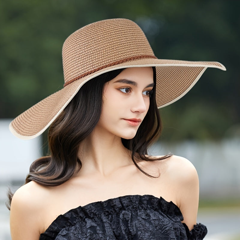 Wide Brim Sunscreen Visor Hat Solid Color Breathable Straw Hat; Women Outdoor Travel Cool Beach Hat; Versatile Elegant Accessories