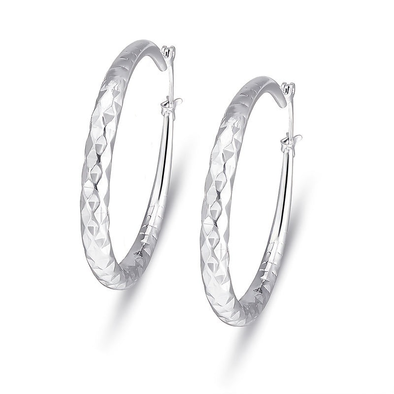 Silvery Big Textured Hoop Earrings Women's Jewelry Silver Plated Female Accessories 1Pair