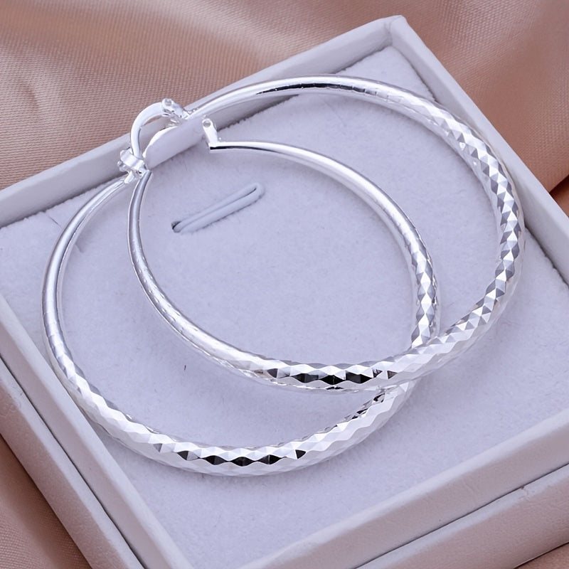 Silvery Big Textured Hoop Earrings Women's Jewelry Silver Plated Female Accessories 1Pair