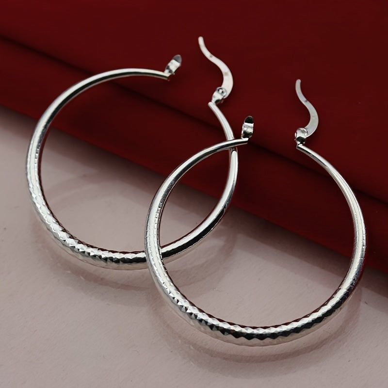 Silvery Big Textured Hoop Earrings Women's Jewelry Silver Plated Female Accessories 1Pair