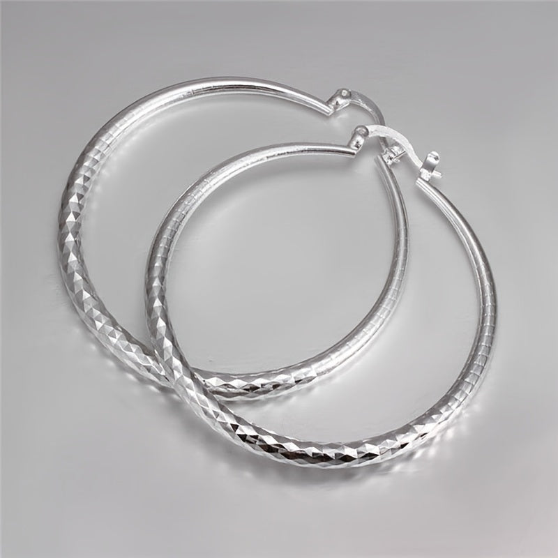 Silvery Big Textured Hoop Earrings Women's Jewelry Silver Plated Female Accessories 1Pair