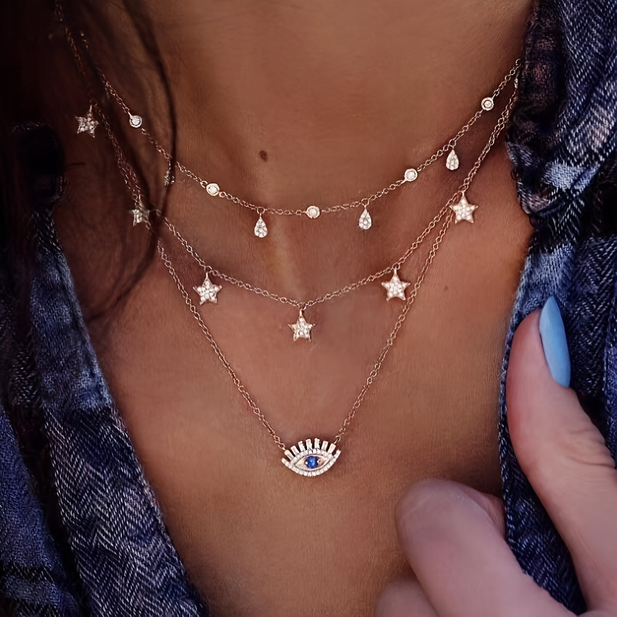 1pc Eye Star Water Drop Pendant Layered Necklace Women's Fine Jewelry Elegant Accessories Trendy