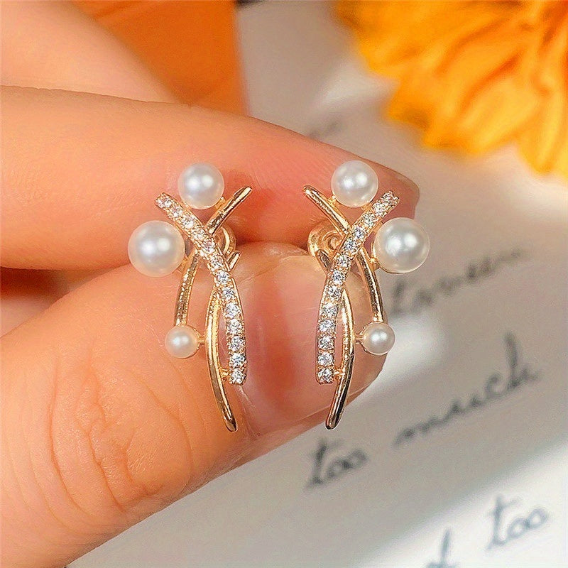 Unique Crossed Wires Baroque Faux Pearl Stud Earrings Elegant Simple Temperament 18K Gold Plated Material For Women Date Party Daily Work Wear Accessories