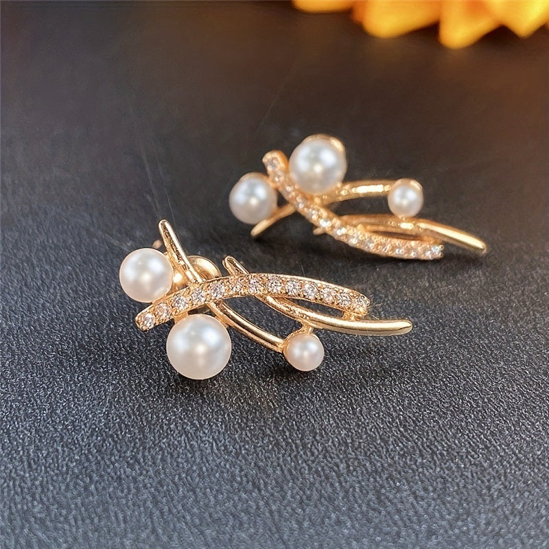 Unique Crossed Wires Baroque Faux Pearl Stud Earrings Elegant Simple Temperament 18K Gold Plated Material For Women Date Party Daily Work Wear Accessories