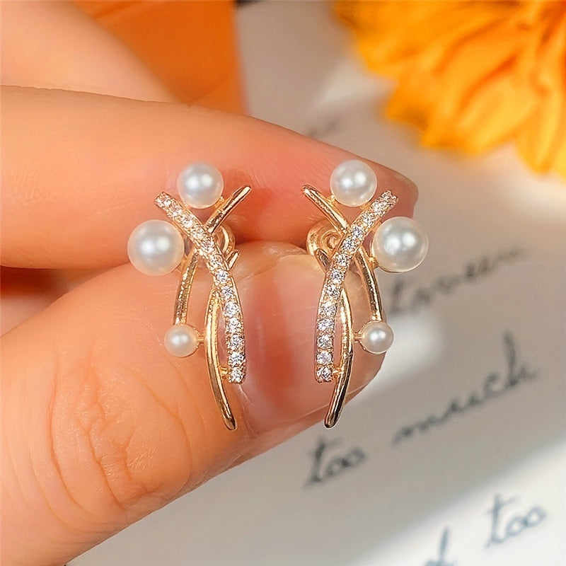 Unique Crossed Wires Baroque Faux Pearl Stud Earrings Elegant Simple Temperament 18K Gold Plated Material For Women Date Party Daily Work Wear Accessories