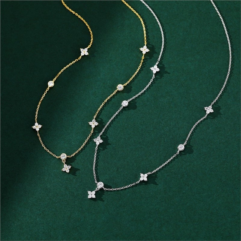 Four-leaf Clover & Round Shape Zircon Chain Necklace For Women Luxury Collar Choker Accessories