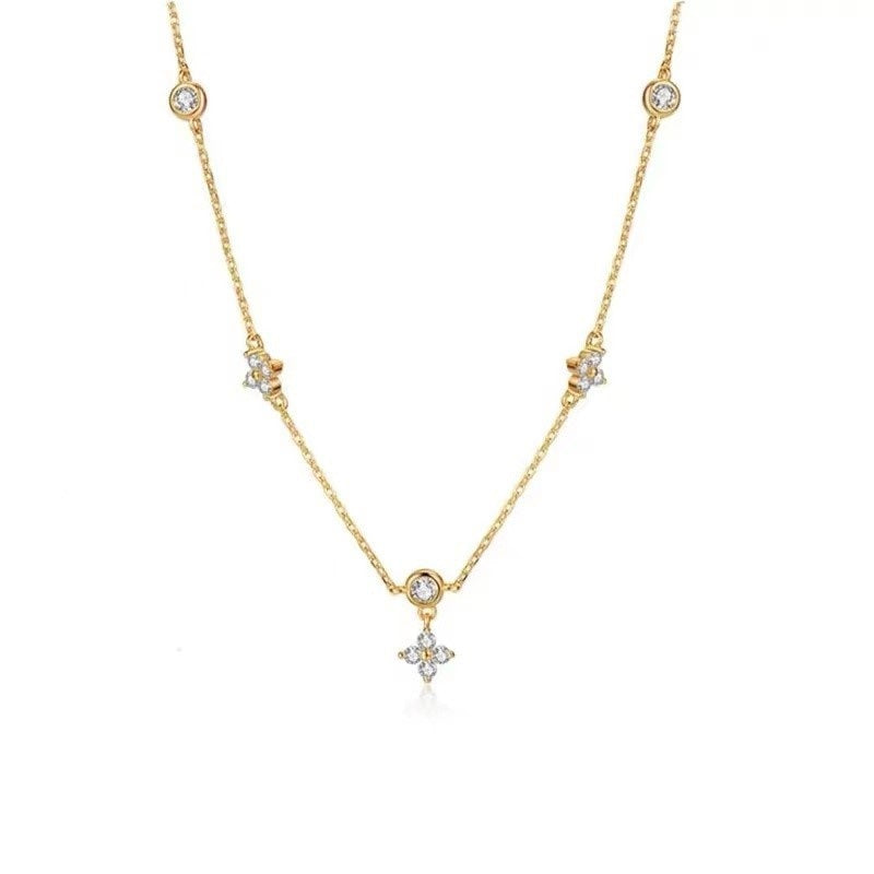 Four-leaf Clover & Round Shape Zircon Chain Necklace For Women Luxury Collar Choker Accessories