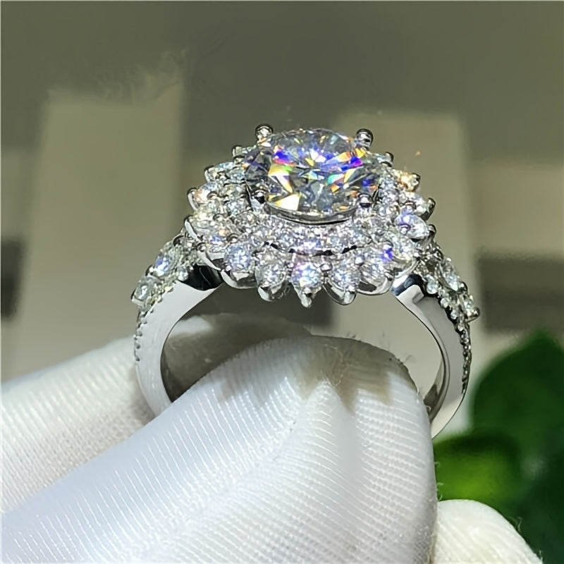 Elegant 925 Silver Plated Round Shaped Crystal Zircon Ring For Women Anniversary Party Wedding Accessories Jewelry