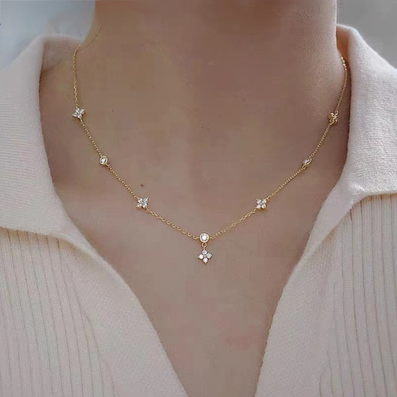 Four-leaf Clover & Round Shape Zircon Chain Necklace For Women Luxury Collar Choker Accessories