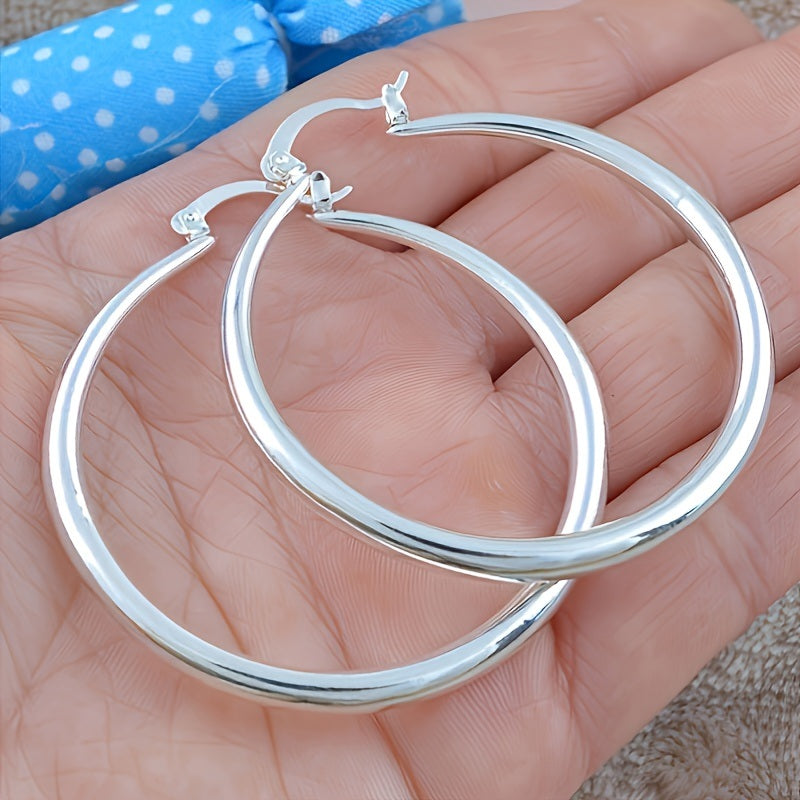 Silvery Big Textured Hoop Earrings Women's Jewelry Silver Plated Female Accessories 1Pair