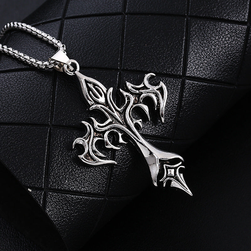 Fashion Vintage Flame Cross Pendant Necklace For Women Men Long Chain Punk Goth Trendy Accessories Choker Gothic Jewelry