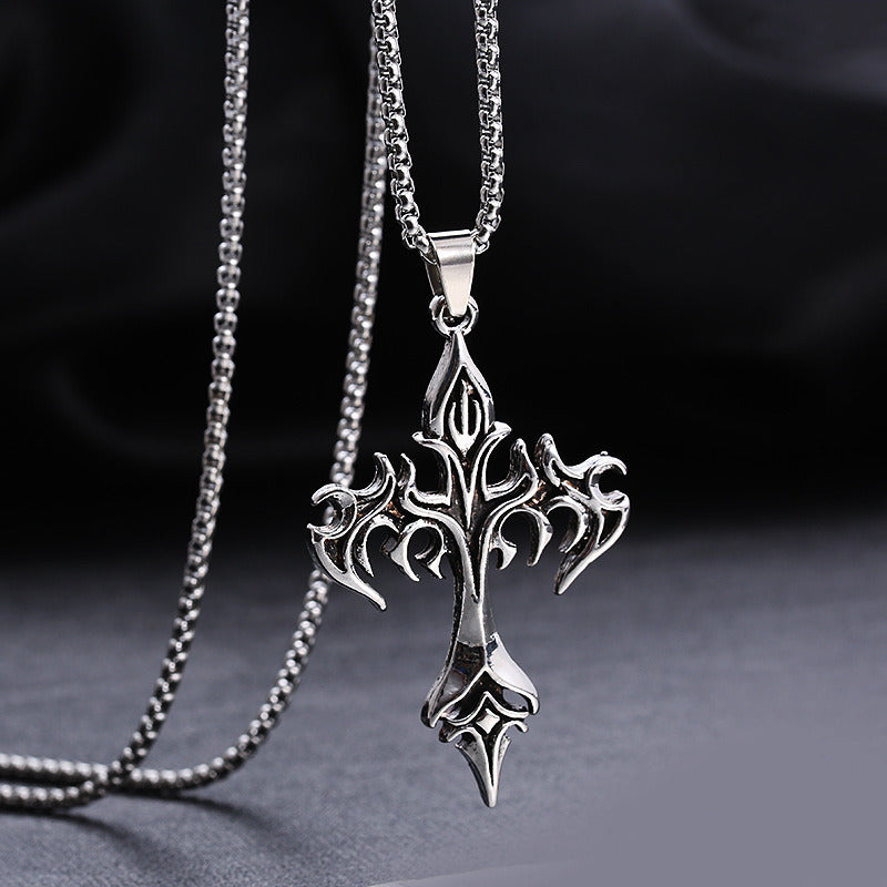 Fashion Vintage Flame Cross Pendant Necklace For Women Men Long Chain Punk Goth Trendy Accessories Choker Gothic Jewelry