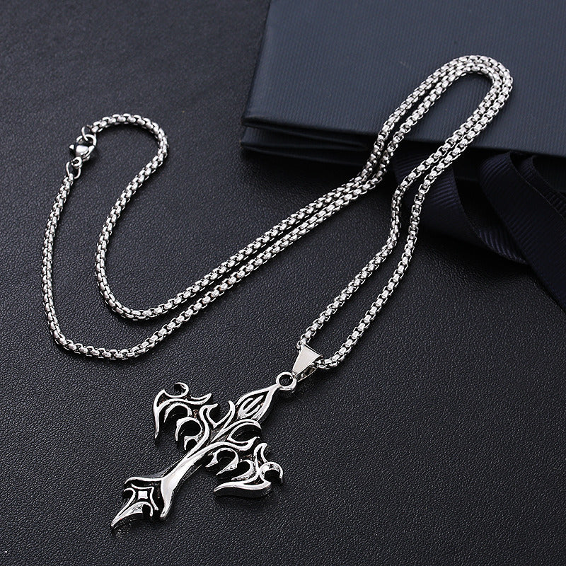 Fashion Vintage Flame Cross Pendant Necklace For Women Men Long Chain Punk Goth Trendy Accessories Choker Gothic Jewelry