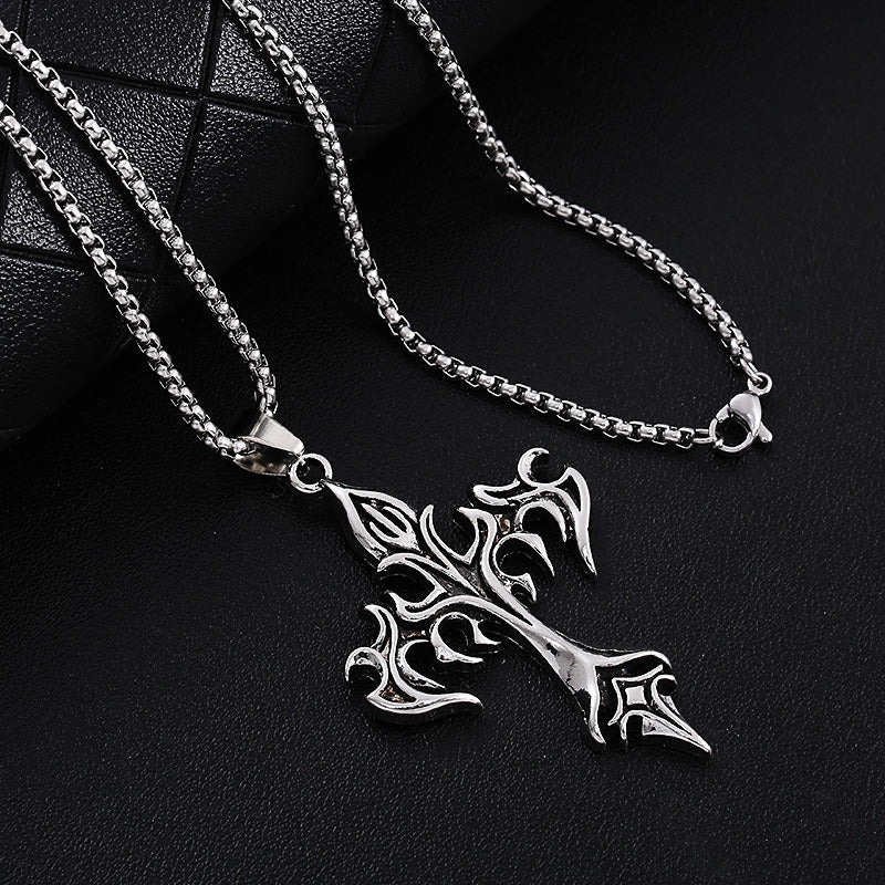 Fashion Vintage Flame Cross Pendant Necklace For Women Men Long Chain Punk Goth Trendy Accessories Choker Gothic Jewelry