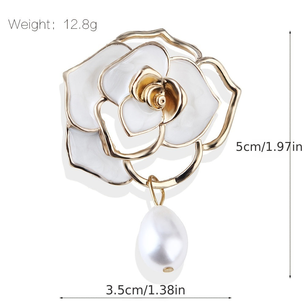 Camellia Flower Brooch Pin For Women Girl Gifts White Enamel Flower With Simulated Pearl Pendant Fashion Costume Safety Pin Comfortable Dress Clothes Scarf Hat Backpacks Purse Decorative Accessories