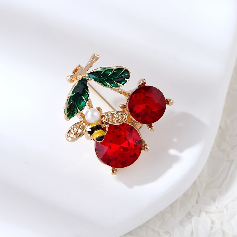 Cute Bee Cherry Rhinestone Brooch Pin For Women Girls Fashion Gold Tone Shell Faux Pearl Red Enameled Animal Fruit Brooches Lapel Pins Dainty Dress Accessories Jewelry For Hat Bag Suit Tie