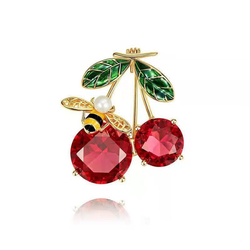 Cute Bee Cherry Rhinestone Brooch Pin For Women Girls Fashion Gold Tone Shell Faux Pearl Red Enameled Animal Fruit Brooches Lapel Pins Dainty Dress Accessories Jewelry For Hat Bag Suit Tie