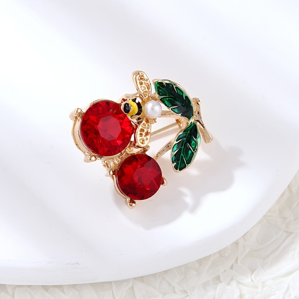 Cute Bee Cherry Rhinestone Brooch Pin For Women Girls Fashion Gold Tone Shell Faux Pearl Red Enameled Animal Fruit Brooches Lapel Pins Dainty Dress Accessories Jewelry For Hat Bag Suit Tie