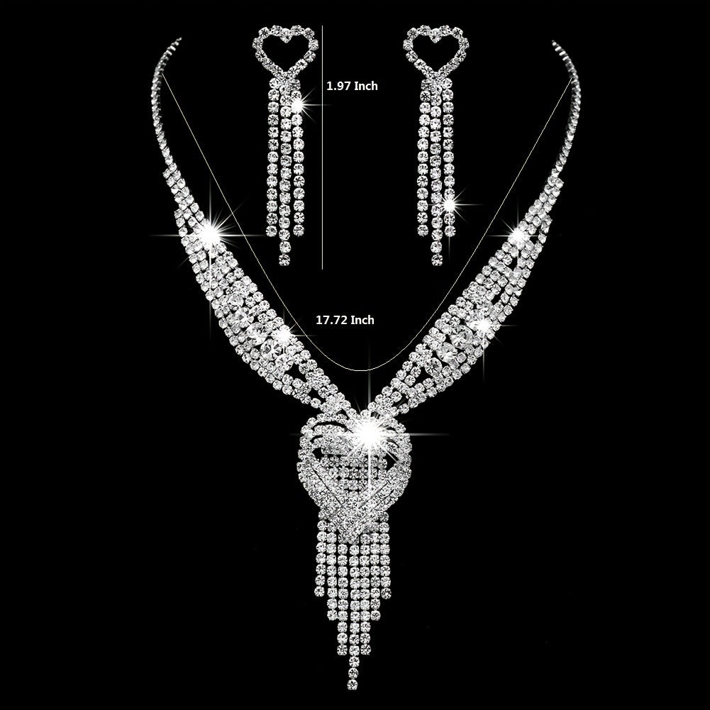 Three Layer Tassel Jewelry Set With Heart Shaped Pendant Charm Necklace & Drop Earrings Shiny Jewelry For Women & Girls Wedding Dress Accessories