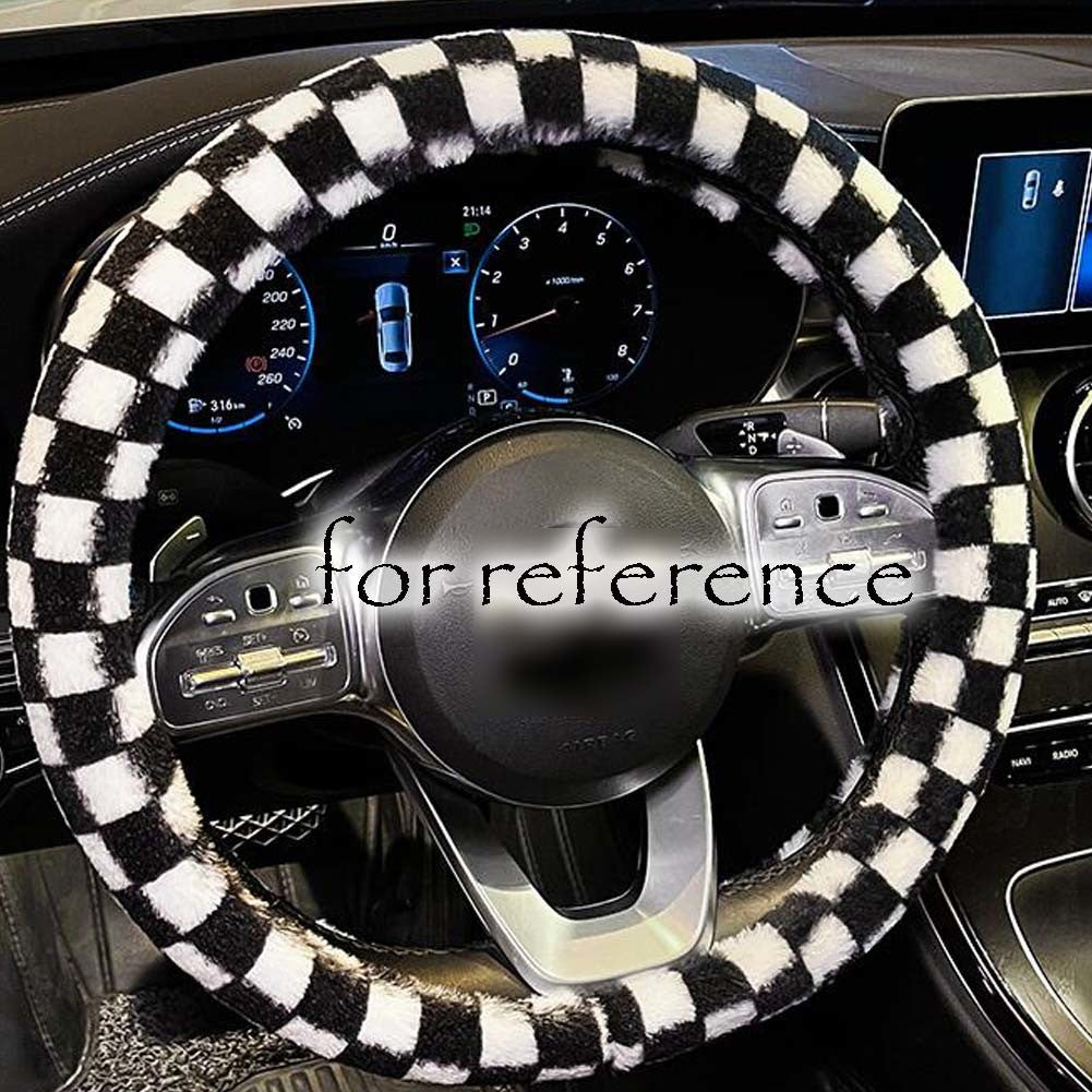 Black White Checkered Plush Steering Wheel Cover Universal Car Wheel Protector Car Accessories for Women