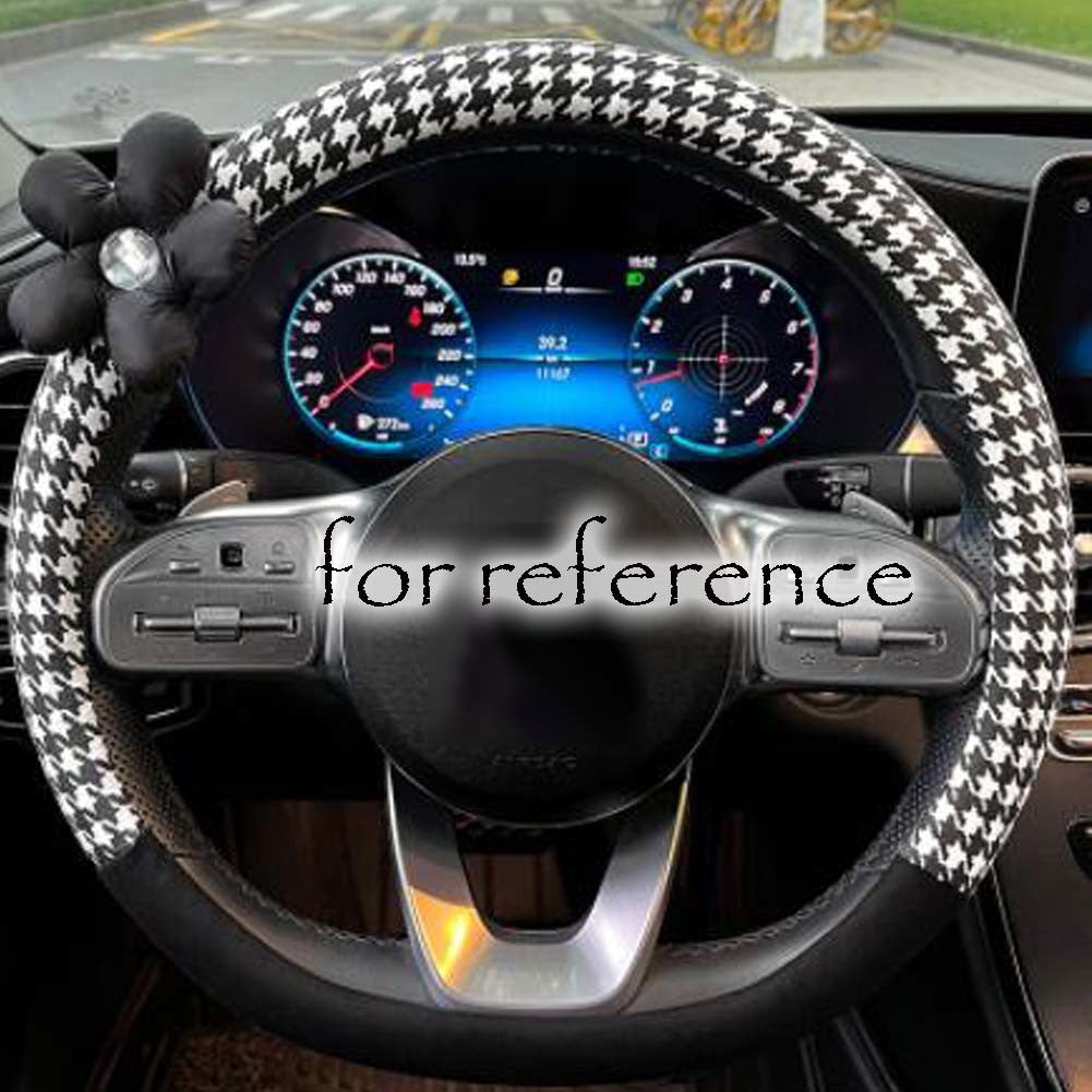 Black Houndstooth Steering Wheel Cover Flower Universal Car Wheel Protector Car Accessories for Women