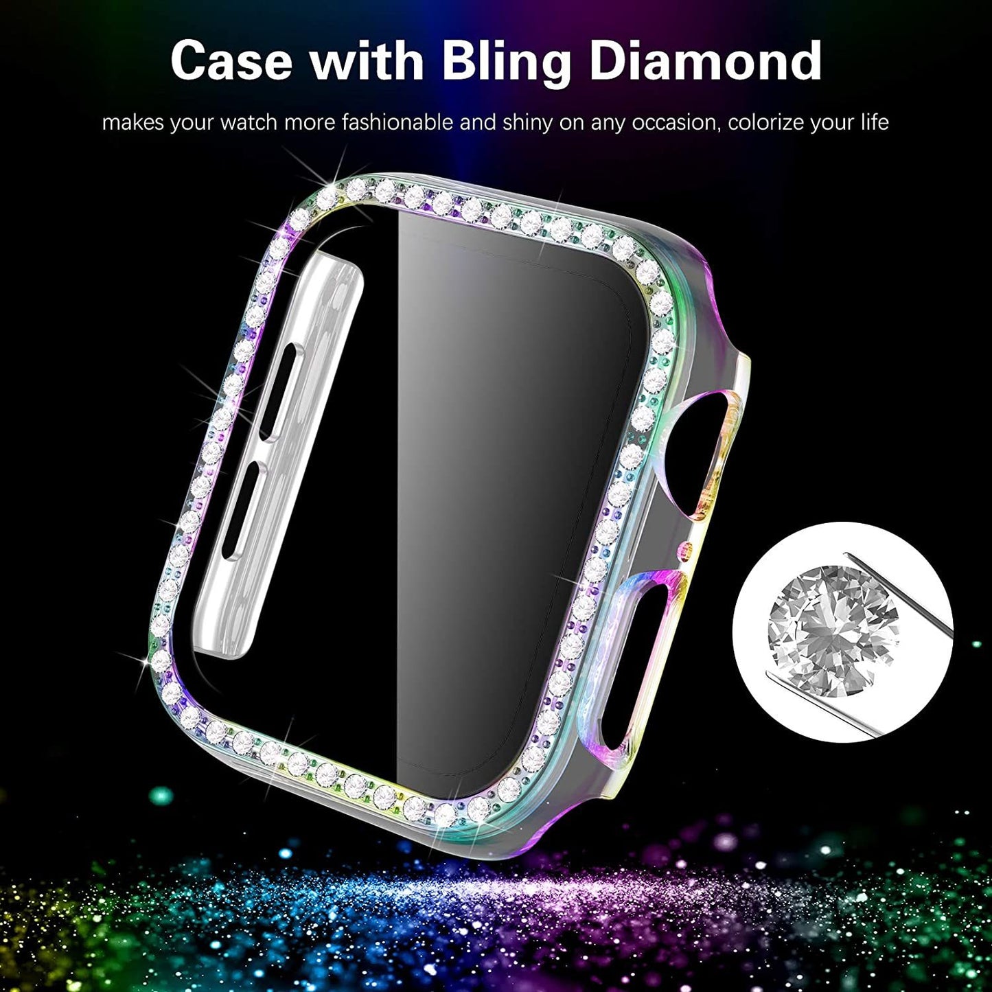 Bling Screen Protector Case For Apple Watch Series 7 & 8 45mm; Women Glitter Full Protective Clear Hard PC Cover Compatible With IWatch Series 7/8 45 Mm Accessories; Clear+Seven Colors