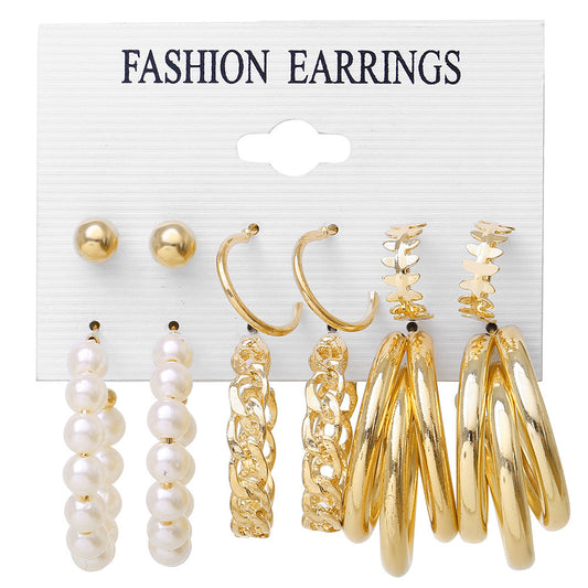 Vintage Metal Circle Women's Accessories Geometric Pearl Earrings 6-piece Set