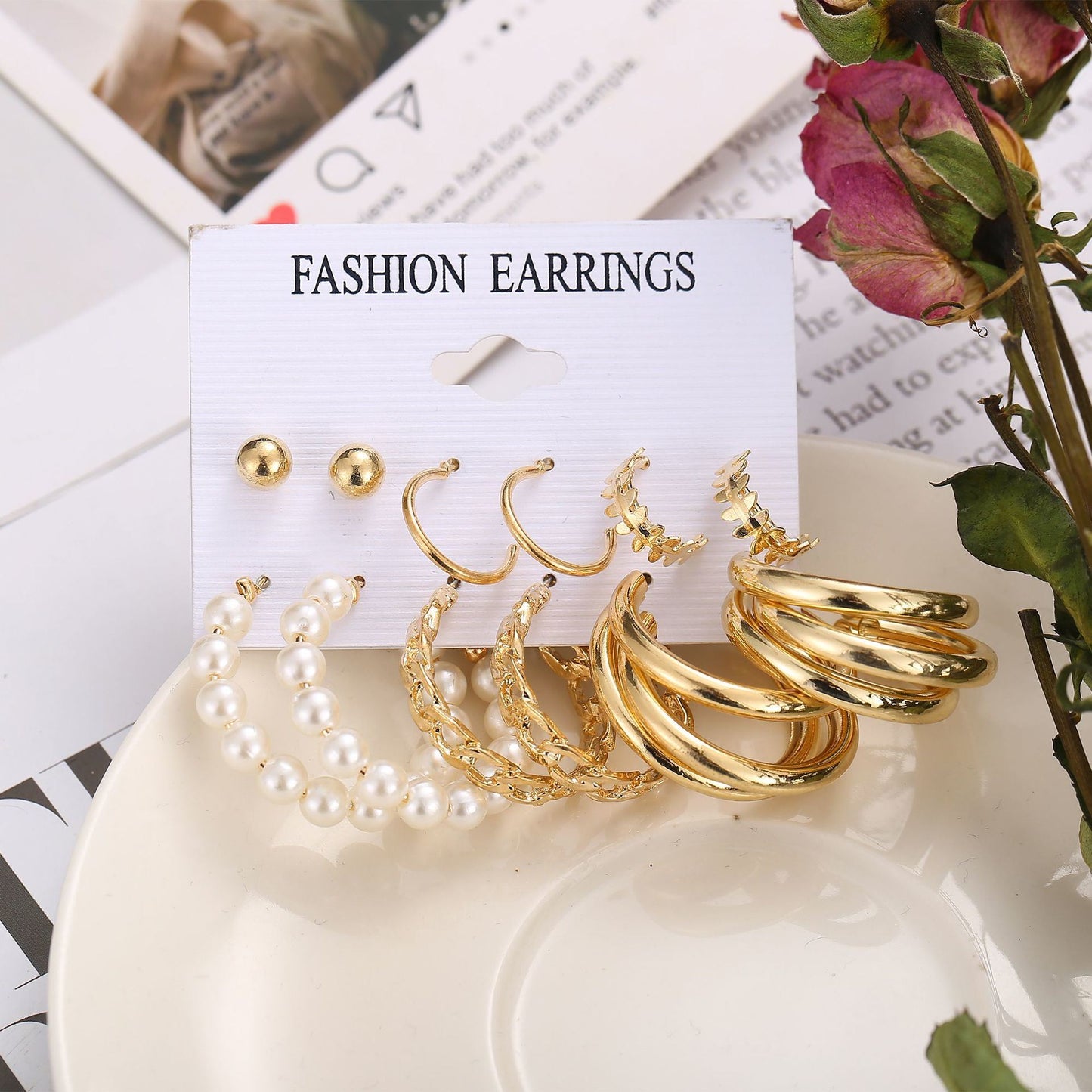 Vintage Metal Circle Women's Accessories Geometric Pearl Earrings 6-piece Set