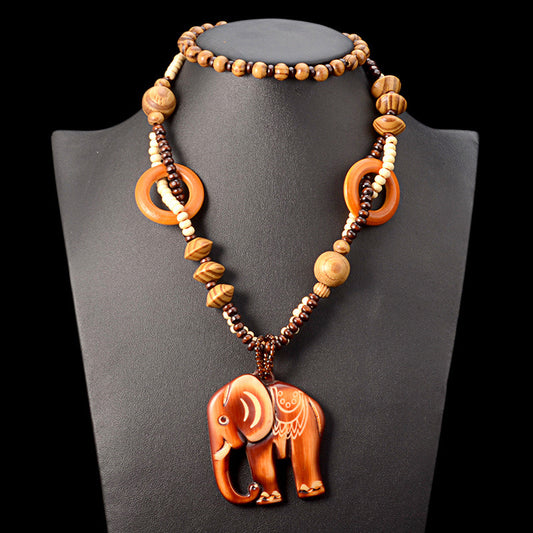 European And American Ethnic Fashion Retro Artistic Accessories All-match Wooden Long Necklace Elephant Pendant Men And Women Jewelry Hanging