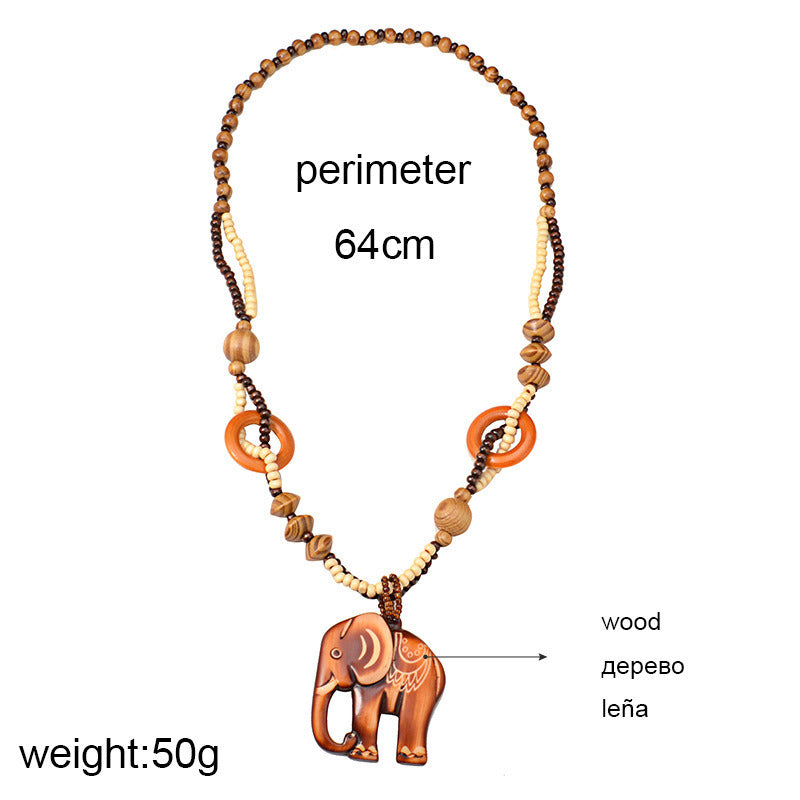 European And American Ethnic Fashion Retro Artistic Accessories All-match Wooden Long Necklace Elephant Pendant Men And Women Jewelry Hanging