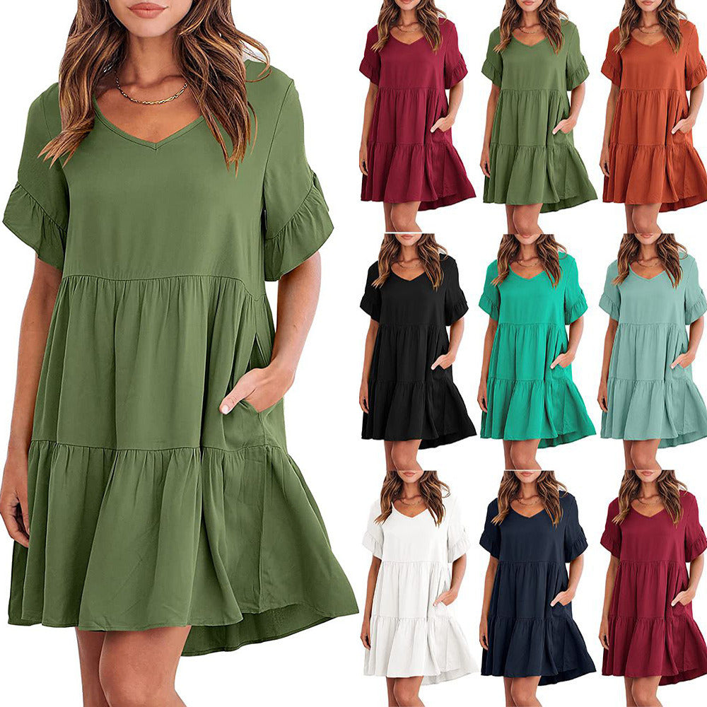 Women Summer Tunic Dress V Neck Casual Loose Flowy Swing Shift Dresses