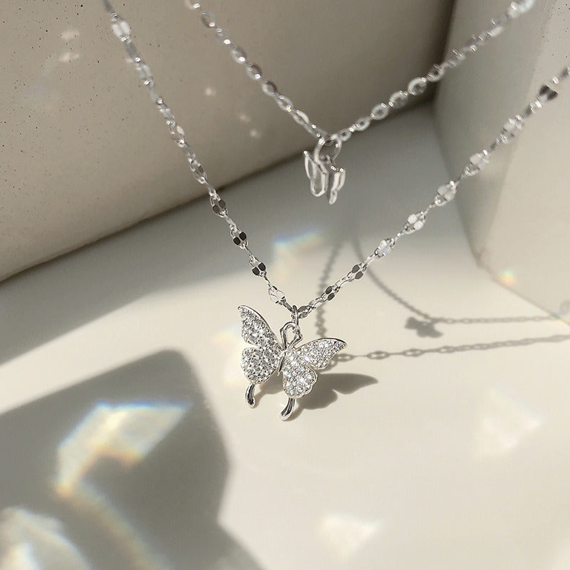 925 Sterling Silver Necklace Shiny Butterfly Tassel Necklace