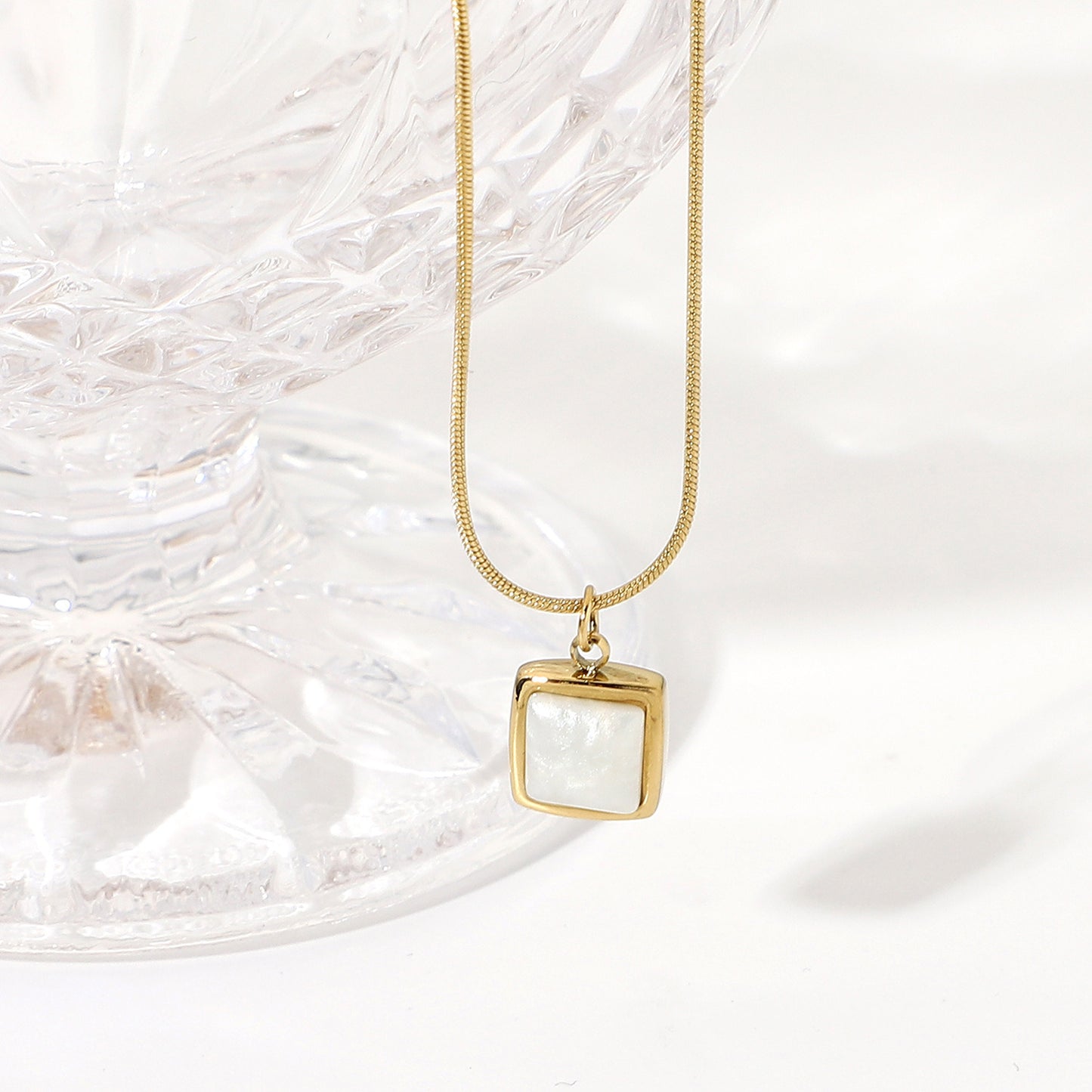 Simple 14k Gold Plated Stainless Steel Necklace Square White Jade Pendant Women's Jewelry