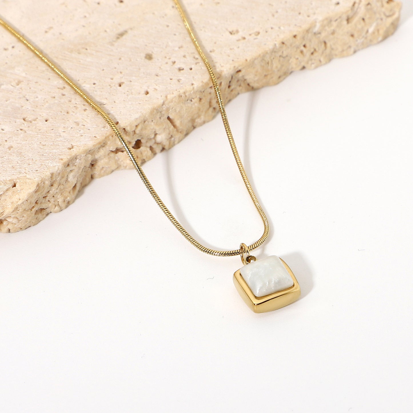 Simple 14k Gold Plated Stainless Steel Necklace Square White Jade Pendant Women's Jewelry