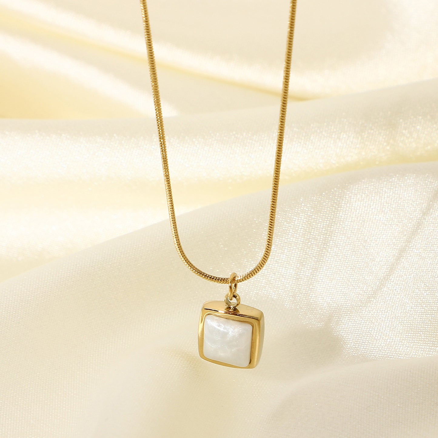 Simple 14k Gold Plated Stainless Steel Necklace Square White Jade Pendant Women's Jewelry