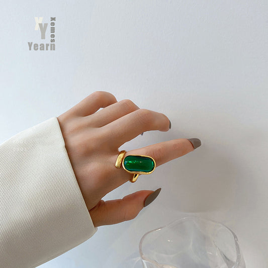 Classic Geometric Oval Green Imitation Gem Gold Color Open Rings For Woman Korean Fashion Jewelry Party Girls Luxury Accessories