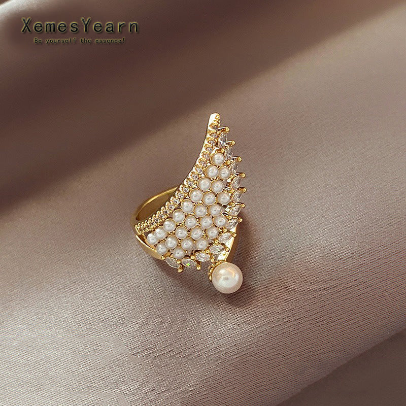 2021 New Luxury Pearl Zircon Wing Shape Gold Color Ring For Woman Is An Unusual Accessory For Korean Fashion Jewelry Party Girls