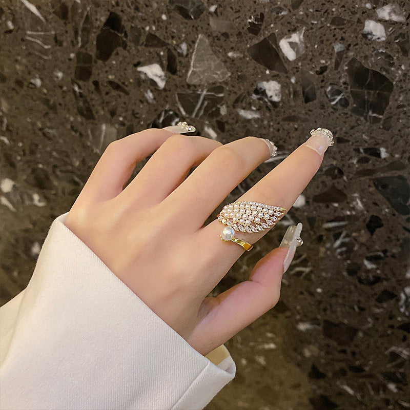 2021 New Luxury Pearl Zircon Wing Shape Gold Color Ring For Woman Is An Unusual Accessory For Korean Fashion Jewelry Party Girls