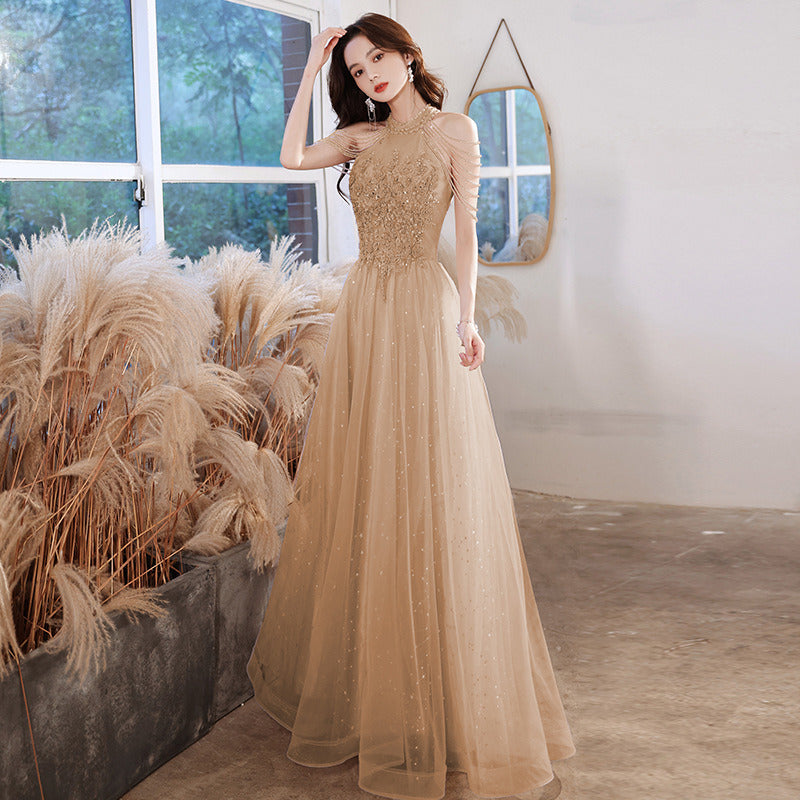 Summer Women Long Evening Dress Tulle Organza Temperament Sequins Floral Beaded Banquet Annual Meeting Host Pink Blue Beige New