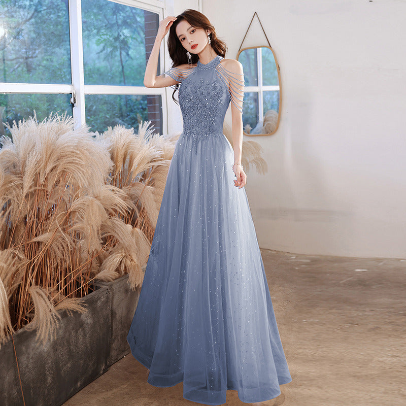 Summer Women Long Evening Dress Tulle Organza Temperament Sequins Floral Beaded Banquet Annual Meeting Host Pink Blue Beige New