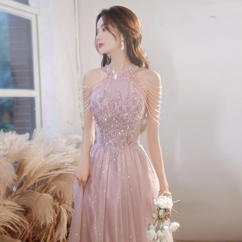 Summer Women Long Evening Dress Tulle Organza Temperament Sequins Floral Beaded Banquet Annual Meeting Host Pink Blue Beige New