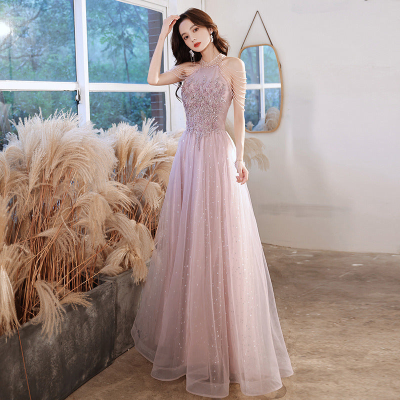 Summer Women Long Evening Dress Tulle Organza Temperament Sequins Floral Beaded Banquet Annual Meeting Host Pink Blue Beige New