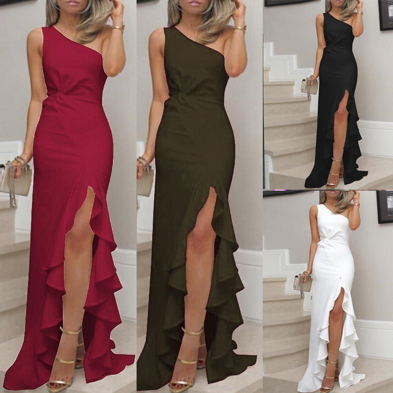 Spring Summer Autumn One-shoulder Evening Dress Women Vintage Elegant Sexy Slit Trailing Ruffles Soft Skirt Breathable Retro Red