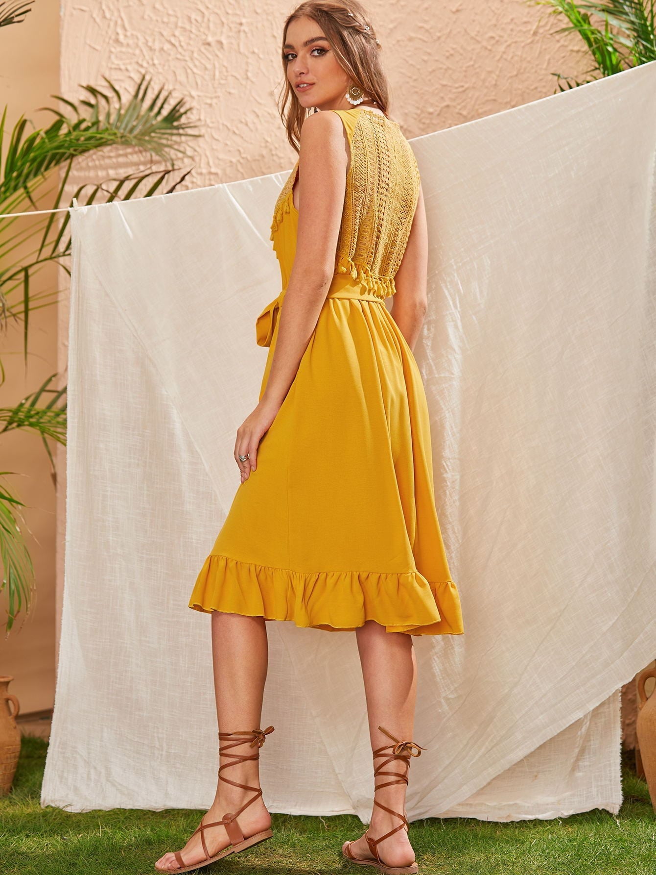 Spring Summer Mid-length Dress Women Girl Elegant Casual Lace Tassel Splice Frenulum Belt Sleeveless Ruffles Hem Pleated Yellow