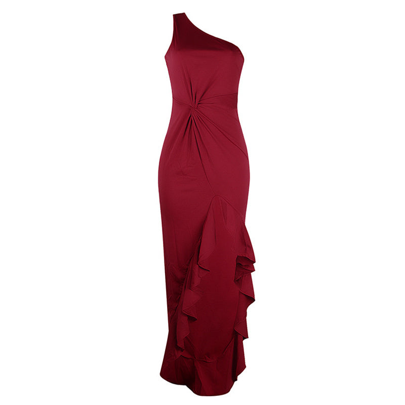 Spring Summer Autumn One-shoulder Evening Dress Women Vintage Elegant Sexy Slit Trailing Ruffles Soft Skirt Breathable Retro Red