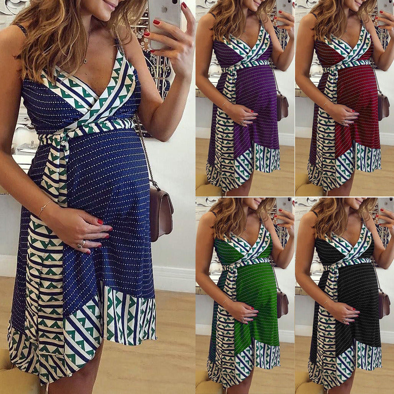 Summer Maternity Slip Dress Women Casual Loose Sexy V Neck Printed Short Skirt Light Thin Breathable Red Purple Green Blue Black