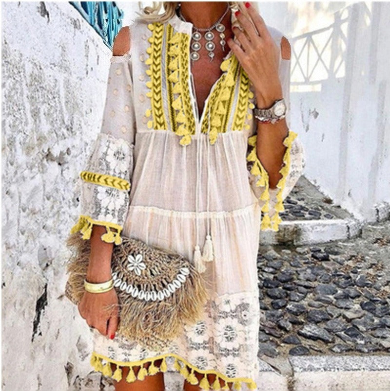 Spring Summer Autumn Retro Bohemian Mini Dress Women Vintage Elegant Lace Loose Tassel Rope Fashion Lady Light Thin Breathable