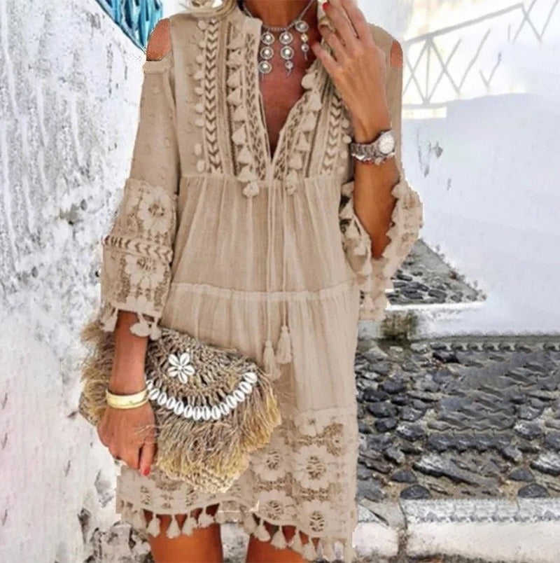 Spring Summer Autumn Retro Bohemian Mini Dress Women Vintage Elegant Lace Loose Tassel Rope Fashion Lady Light Thin Breathable