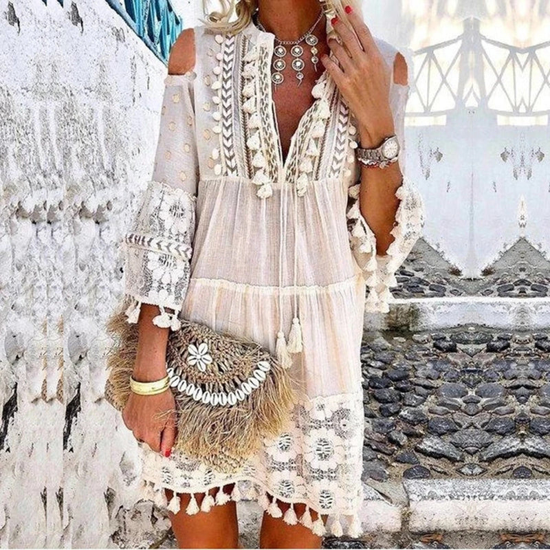 Spring Summer Autumn Retro Bohemian Mini Dress Women Vintage Elegant Lace Loose Tassel Rope Fashion Lady Light Thin Breathable