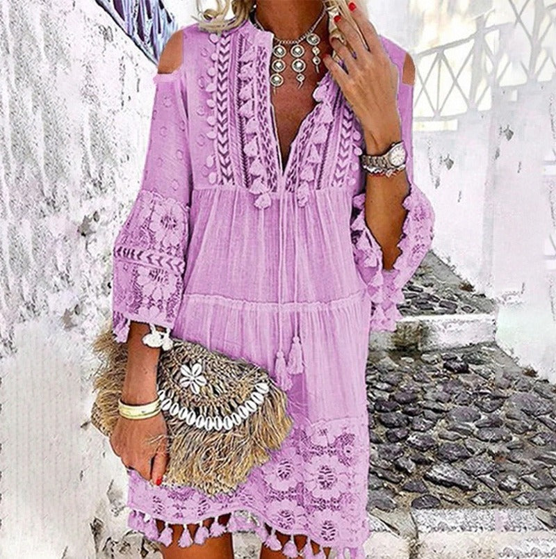 Spring Summer Autumn Retro Bohemian Mini Dress Women Vintage Elegant Lace Loose Tassel Rope Fashion Lady Light Thin Breathable